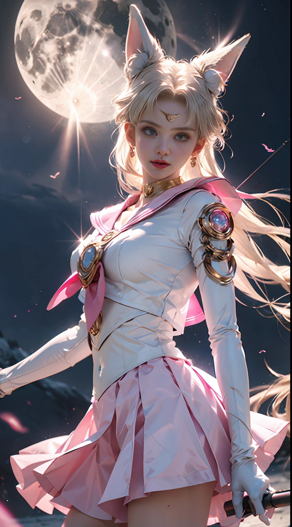 1 mechanical girl: 1.4, Sailor Moon, white mechanical arm, humanoid body, pink sailor suit, good-looking face, sailor Moon, wings, moon hare, rabbit ears, mechanical ears, white top, blonde hair, mechanical arm, pink skirt, side, halo, sci-fi background, hair glowing hair, forehead hair light, moon, panorama, archery, wings on the background