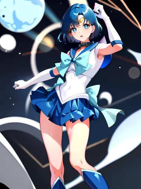 Masterpiece, best quality, high resolution, mer1, tiara, sailor uniform, blue sailor collar, bow, knee-length boots, collar, whi...