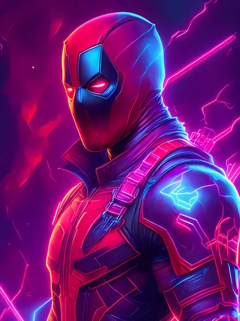 neon portrait of Deadpool from Marvel, photorealistic painting, intricate, 8K, very detailed, three-dimensional lighting, digital painting, sharp and intense focus, works by Artgerm E. Rutkowski and Alphonse Mucha, CGsociety