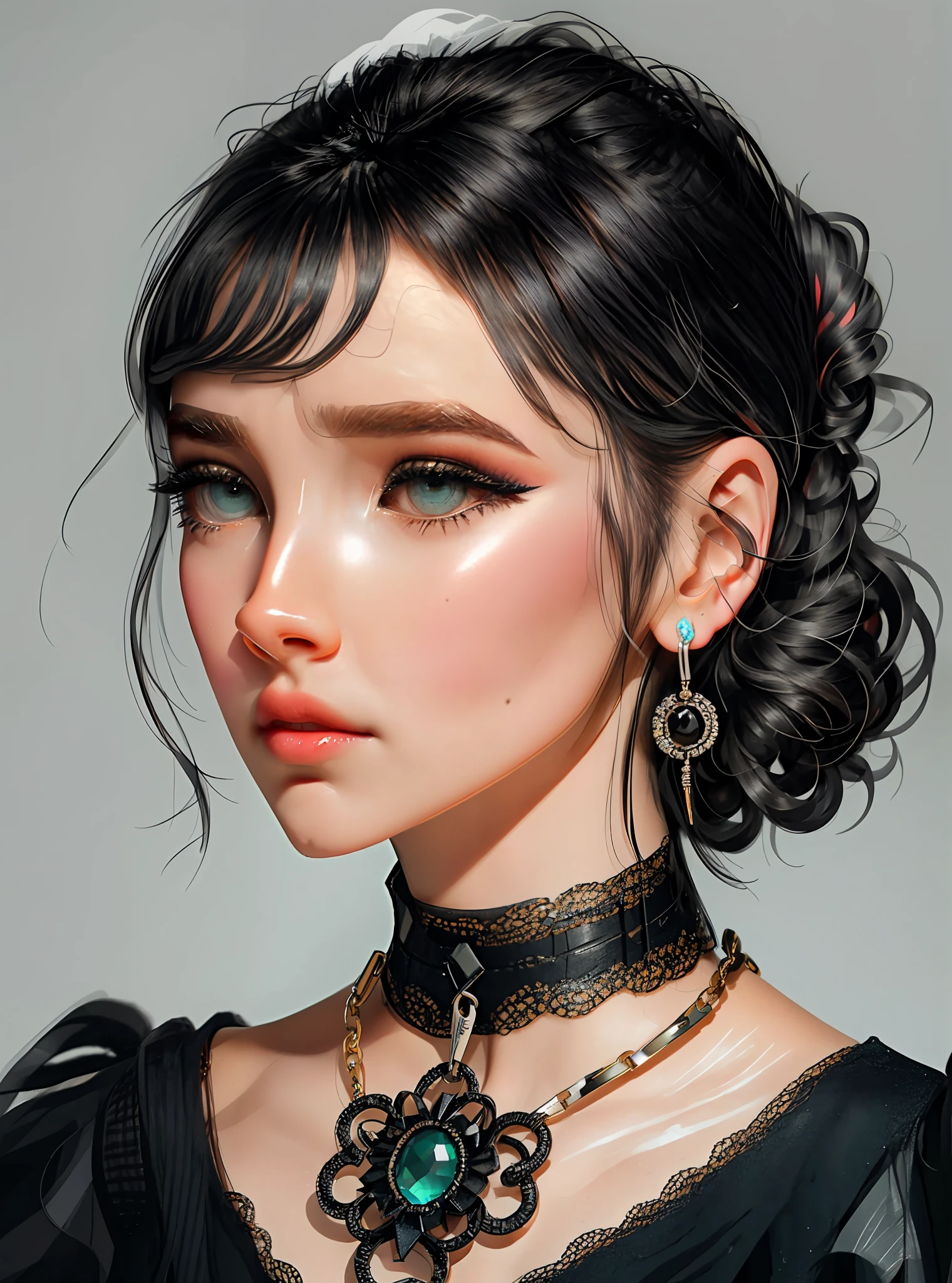 cute, ultra-detailed, illustration, intricate, detailed, extremely detailed, detailed face, soft lighting, soft light, soft focus, perfect face, beautiful, accurate anatomy, overexposure, 8k, 4k, (highres:1.1), best quality, (masterpiece:1.3), 1girl, solo, earrings, jewelry, short hair, hairband, white hair, eyelashes, parted lips, makeup, eyeshadow, black hairband, puffy sleeves, upper body, lips, looking at viewer, green eyes, black dress, dress, bangs, chain, mascara, choker