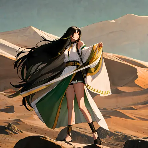 Anime, A woman in a white dress is walking in the desert, flowing hair and  long robes, by Yang J, flowing white robe - SeaArt AI