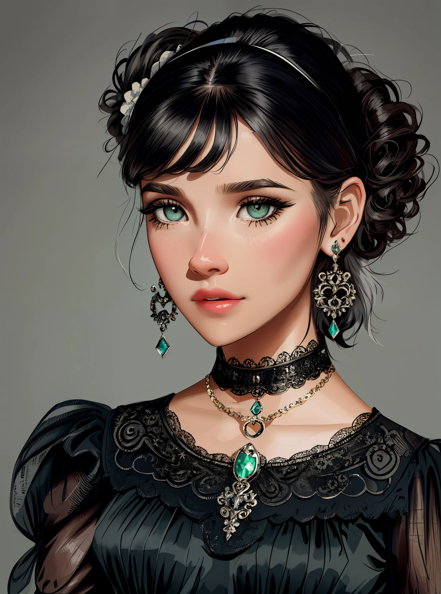 cute, ultra-detailed, illustration, intricate, detailed, extremely detailed, detailed face, soft lighting, soft light, soft focus, perfect face, beautiful, accurate anatomy, overexposure, 8k, 4k, (highres:1.1), best quality, (masterpiece:1.3), 1girl, solo, earrings, jewelry, short hair, hairband, white hair, eyelashes, parted lips, makeup, eyeshadow, black hairband, puffy sleeves, upper body, lips, looking at viewer, green eyes, black dress, dress, bangs, chain, mascara, choker