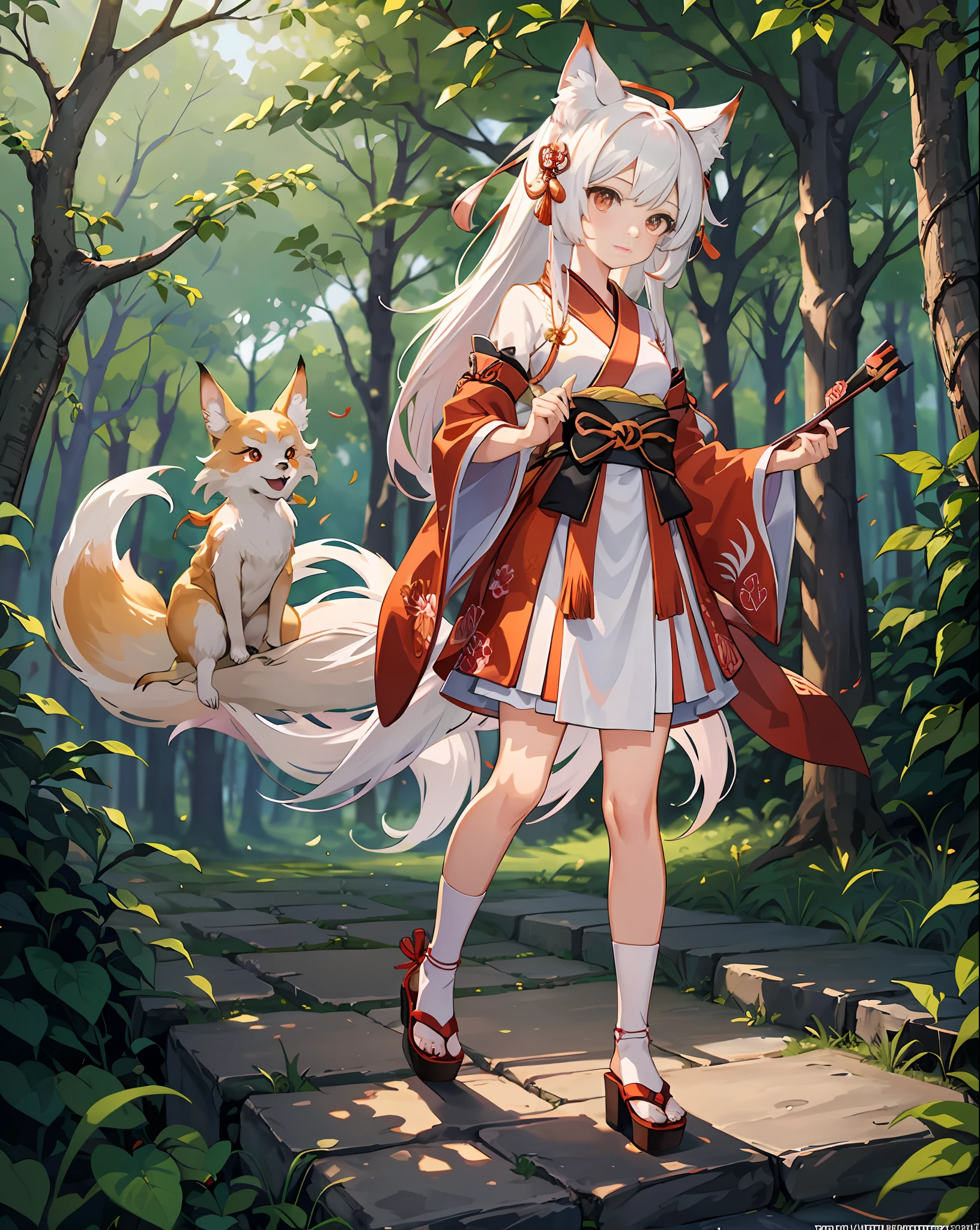 Anime girl with a fox and a cat in a forest - SeaArt AI