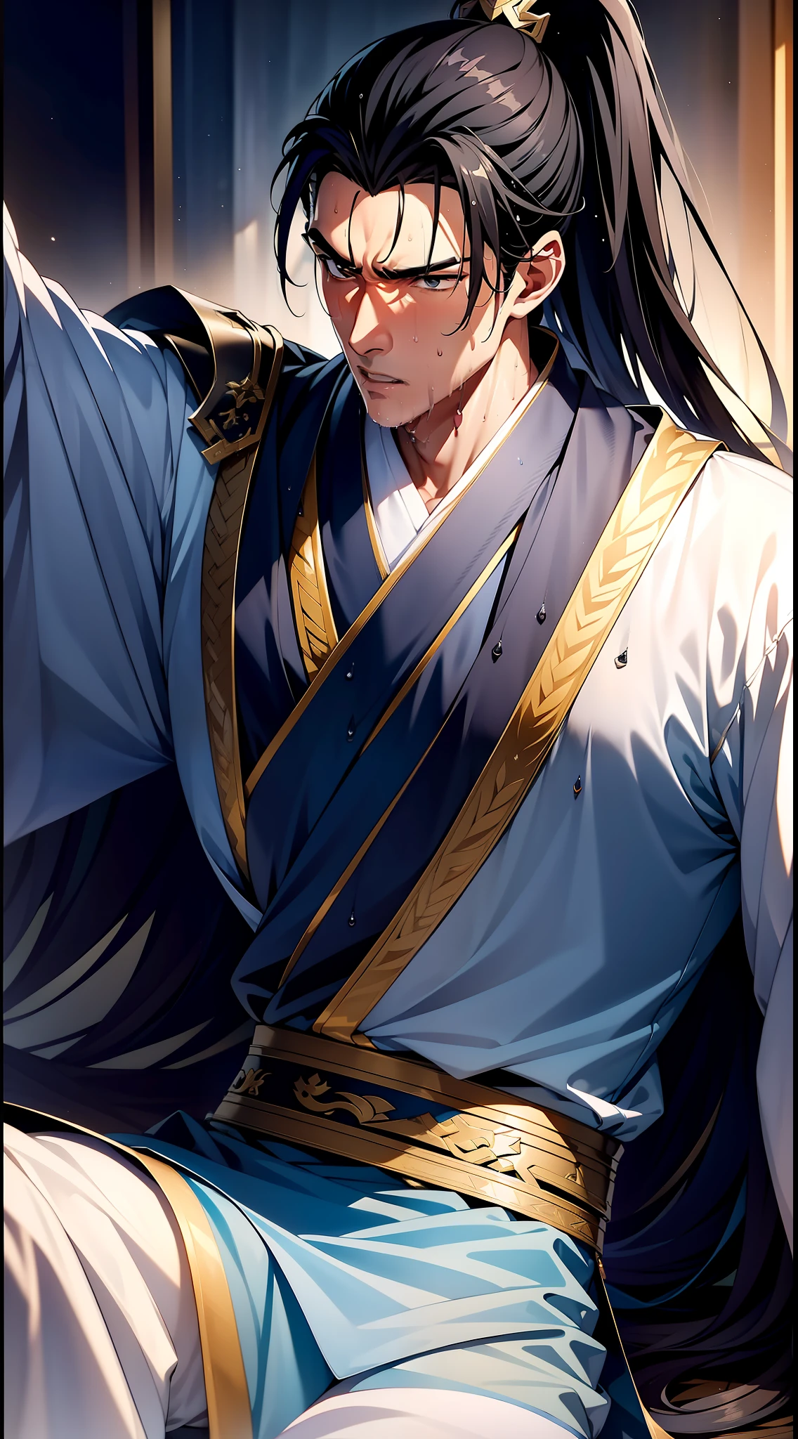 Two-dimensional, anime style, man (male warrior), muscle, correct proportions, face details, martial arts, high ponytail hairstyle, sweating, sweaty face, drooling, neck details, with Adam's apple, wet, wet, Hanfu costume, long robe, embroidered robe, dragon robe, clothing details, collar, long sleeves, game quality, swordsman demeanor, light and shadow tracing, ray tracing, detail glow, CG rendering, hair details, long black hair, golden eyes, sweaty face, handsome, handsome, sweat beads slipping down the neck, (juvenile feeling), complex clothing, wet, wet, perfect composition, refinement, high quality, more details, a lot of details, complex background, atmosphere,