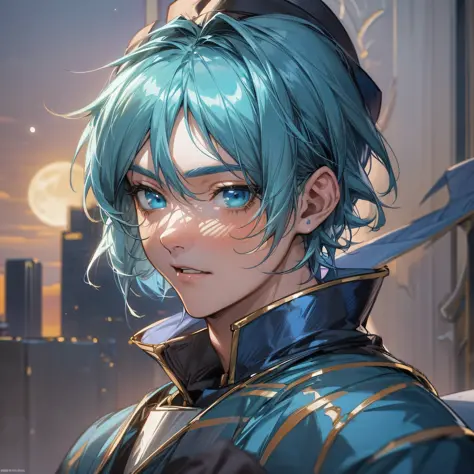 Anime boy with blue hair and blue eyes before full moon, portrait knight of zodiac boy, black cap, short hair, with short stubbl...
