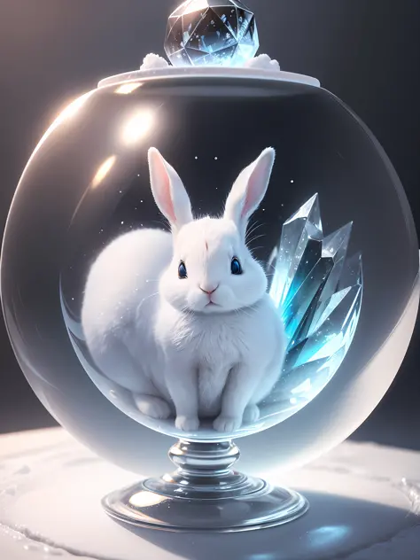 Ultra-realistic, 16K high resolution, (Max Sharp Focus: 1.3), (Max Close-up: 0.5), (White Rabbit trapped in a crystal perfect ball with pedestal on table: 1.7), (Thaw, White Snow, Dramatic, Light Through Clouds: 1.3), (Gorgeous, Chic, Baby Carrot)