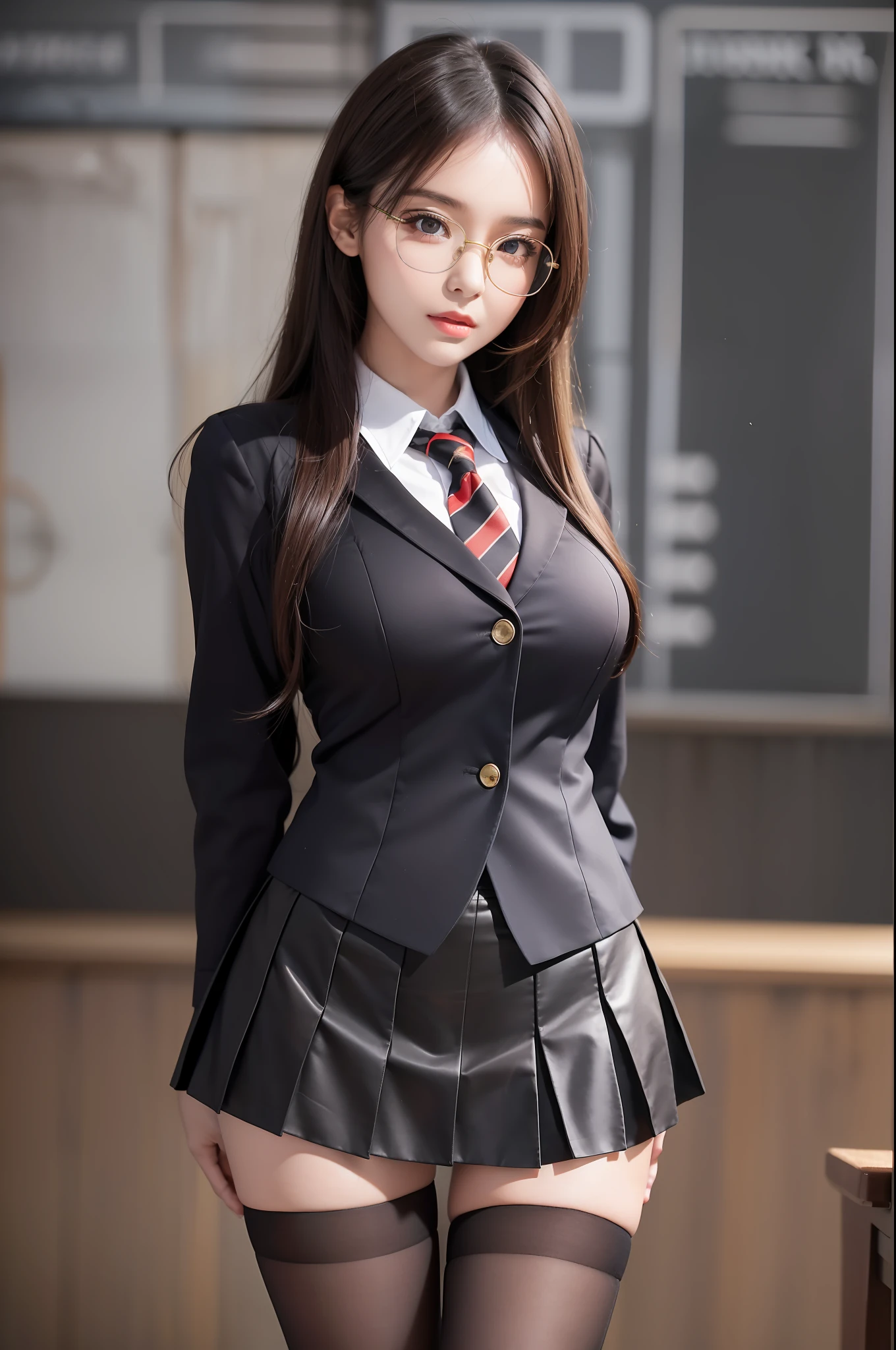 Pretty girl standing, thin legs, high heels on the ground, classroom, (masterpiece:1.3), (8k, photorealistic, RAW photo, best quality: 1.4), (1girl), beautiful face, (realistic face), black hair, long hair, beautiful hairstyle, realistic eyes, pretty detailed eyes, realistic skin, beautiful skin, super high resolution, super realistic, very detailed, golden ratio, cute, cute female teacher, high school girl in jk uniform, surreal high school girl, short skirt, tight skirt, pantyhose, black stockings, full body view, thin arms, big breasts, with gold wire glasses