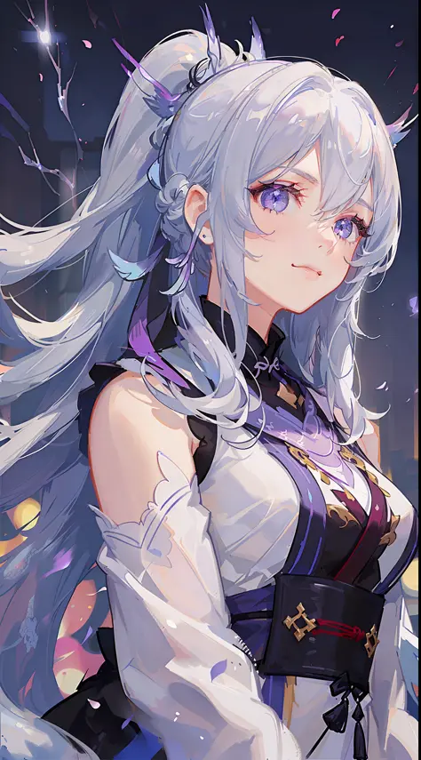 young girl, long white hair, high ponytail, purple eyes, white hanfu, smirk, ice claws, lightning, masterpiece, high quality