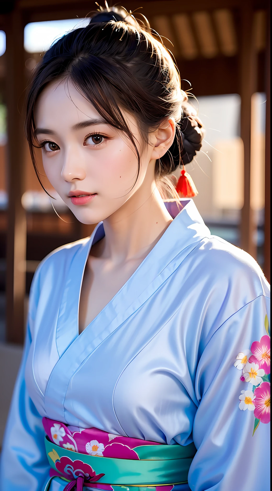 (yinchuan:1.5), close-up, masterpiece, best quality, raw photo, photorealistic, big breasts, beautiful face, soft smile, 20 year old girl, She is wearing a yukata, colorful colored hemp yukata, yukata with flower design, hemp fabric yukata, twilight, hair tied, depth of field, high resolution, ultra detail, fine detail, very detailed, Highly detailed eyes and face, sharp pupils, realistic pupils,