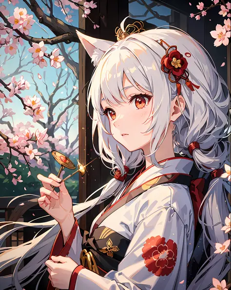 1 girl, yokai nine-tailed fox, kimono, 10 years old, yokai, red and white, shrine, super cute face, baby face, 9 tails can be seen, dense, high definition, cherry blossom blooming forest, shining (extremely detailed CG unity 8k wallpaper), (masterpiece), (...
