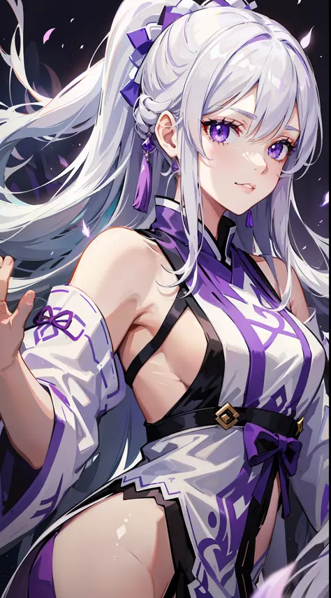 Young girl, long white hair, high ponytail, purple eyes, white hanfu, smirk, ice claws, lightning, masterpiece, high quality