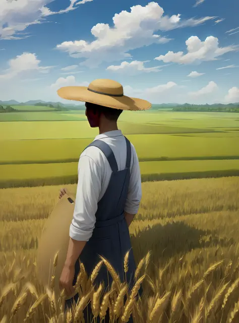Wheat field, a farmer uncle with a straw hat standing in a wheat field, big clouds, blue sky, rice field, neat rice seedlings in...