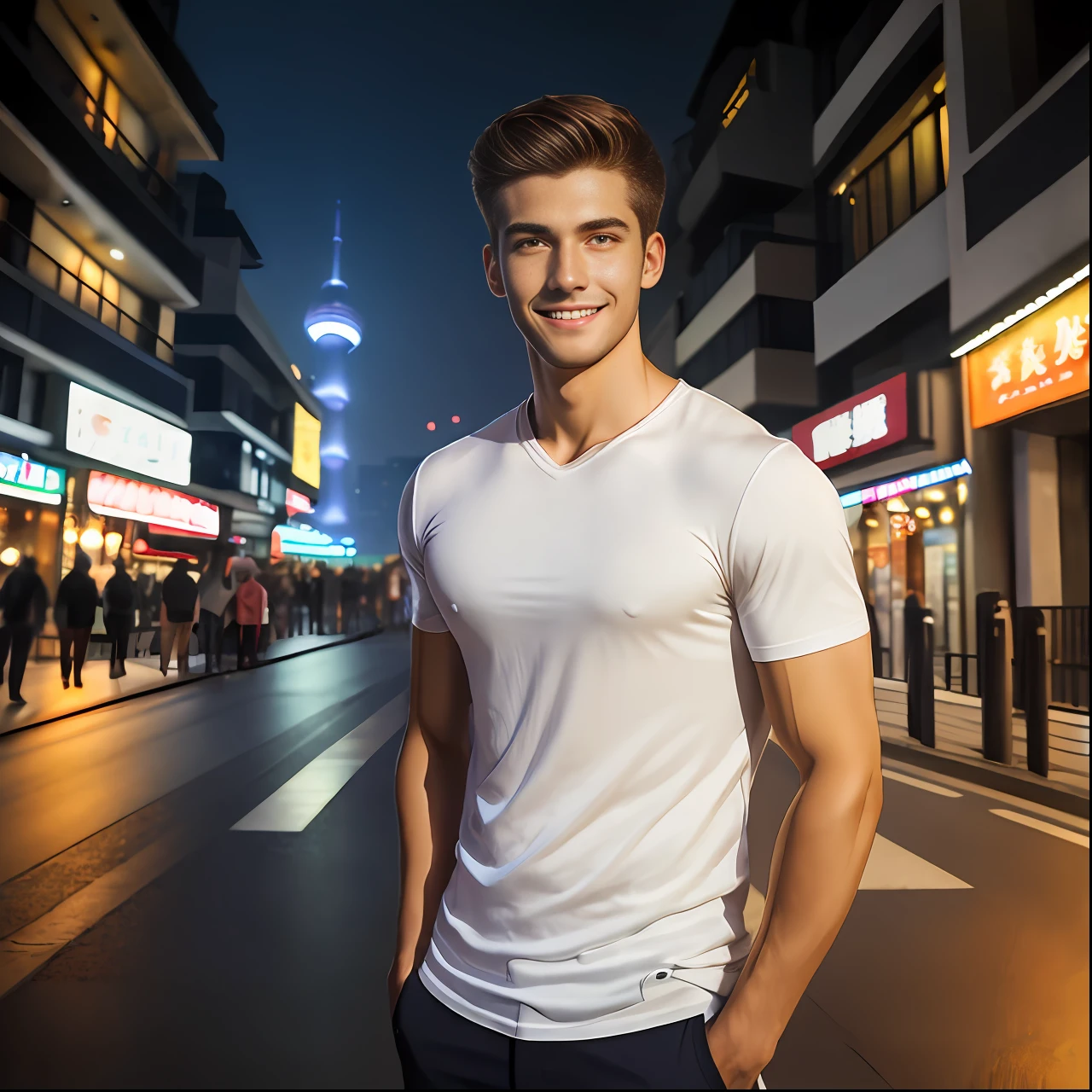 masterpiece, best quality, highres, ultra high res,real, photorealistic,Young man,Handsome face,evening,natural lighting,looking at viewer,outdoor,full body,smile,round face,short hair,details eyes,Shanghai city street,Nightscape