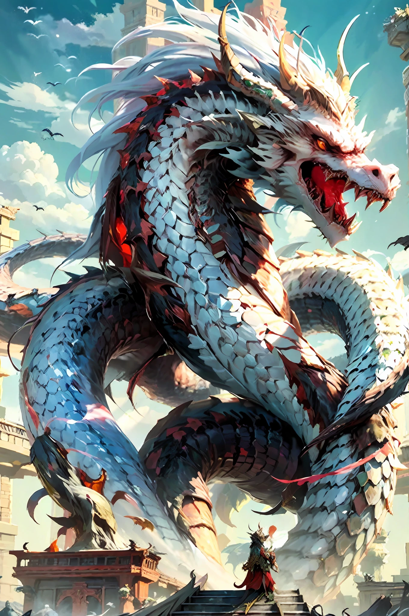 a painting of a Drachen with a long tail and a long tail, jormungandr, Drachen art, Seeschlange, chinese Drachen concept art, Naga-Tirr, majestic japanese Drachen, Hydra, Drachen snake with wings, große mystische geflügelte Schlange, colossal Drachen as background, oil painting of Drachen, jörmungandr, Drachen, lang