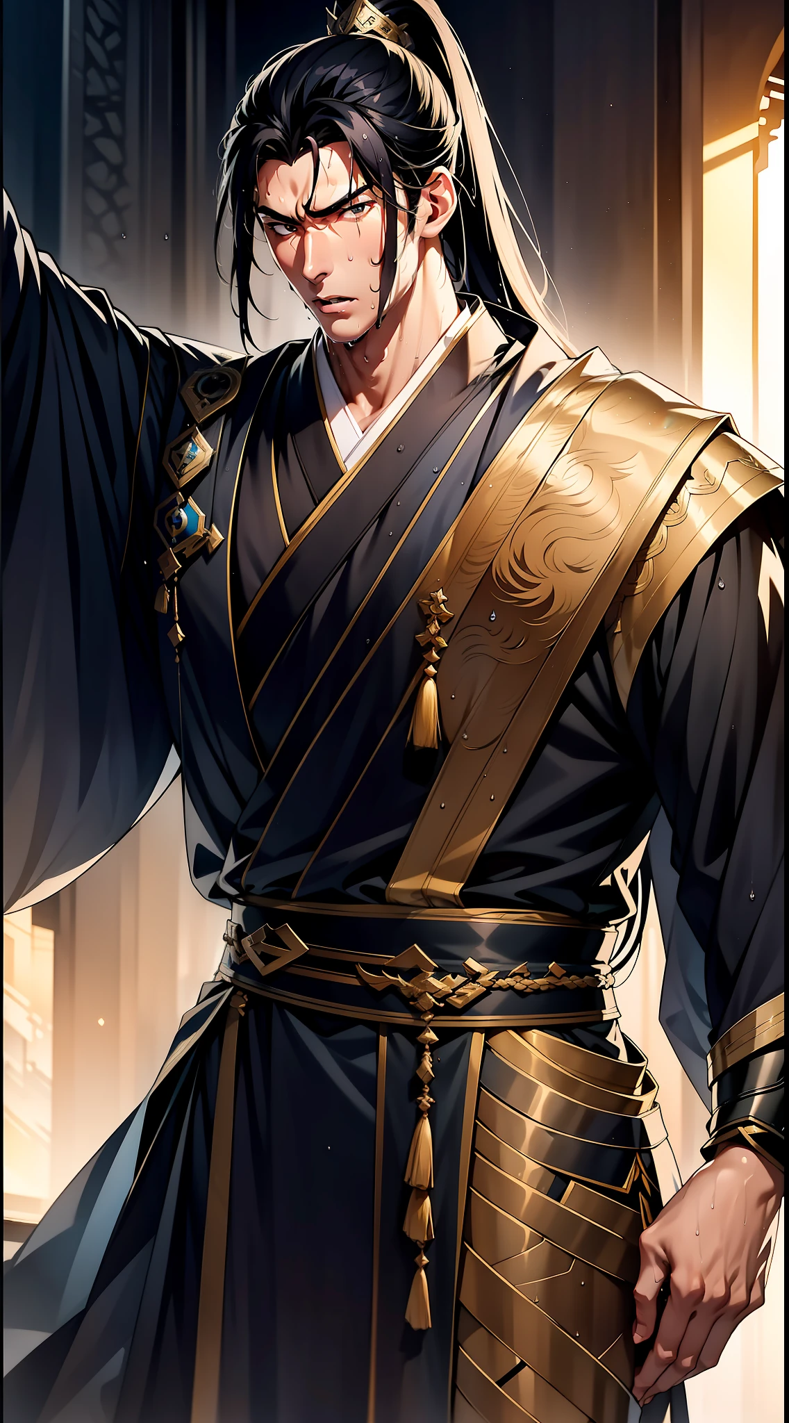 Two-dimensional, anime style, man (male warrior), muscle, correct proportions, face details, martial arts, high ponytail hairstyle, sweating, sweaty face, drooling, neck details, with Adam's apple, wet, wet, Hanfu costume, long robe, embroidered robe, dragon robe, clothing details, collar, long sleeves, game quality, swordsman demeanor, light and shadow tracing, ray tracing, detail glow, CG rendering, hair details, long black hair, golden eyes, sweaty face, handsome, handsome, sweat beads slipping down the neck, (juvenile feeling), complex clothing, wet, wet, perfect composition, refinement, high quality, more details, a lot of details, complex background, atmosphere,