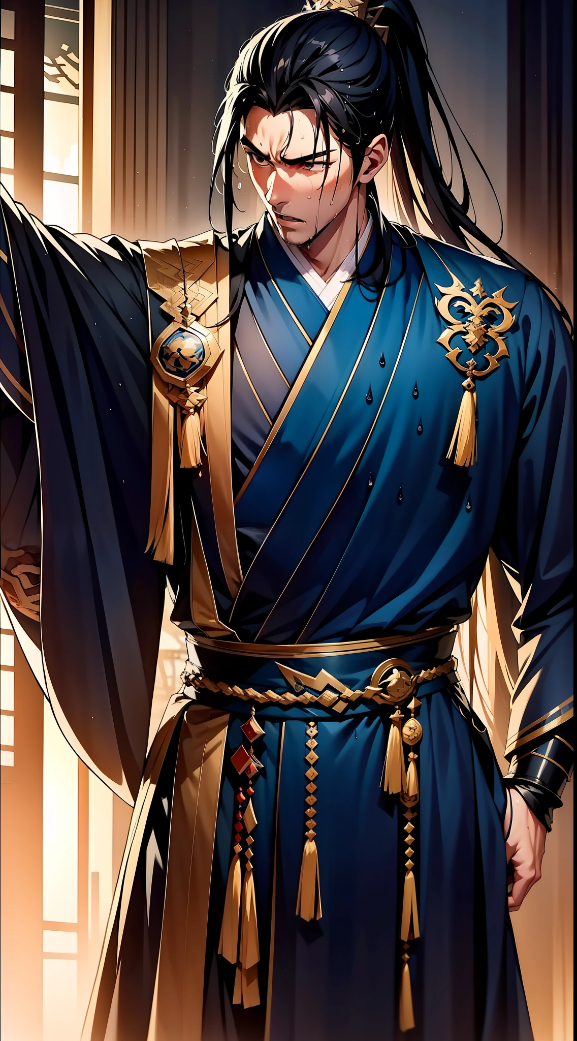 Two-dimensional, anime style, man (male warrior), muscle, correct proportions, face details, martial arts, high ponytail hairstyle, sweating, sweaty face, drooling, neck details, with Adam's apple, wet, wet, Hanfu costume, long robe, embroidered robe, dragon robe, clothing details, collar, long sleeves, game quality, swordsman demeanor, light and shadow tracing, ray tracing, detail glow, CG rendering, hair details, long black hair, golden eyes, sweaty face, handsome, handsome, sweat beads slipping down the neck, (juvenile feeling), complex clothing, wet, wet, perfect composition, refinement, high quality, more details, a lot of details, complex background, atmosphere,