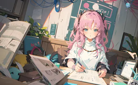 ((anime) + (girl + sitting at desk) + (holding laptop + book) + meow ear + moe + (konachan wallpaper + 4k+ high quality + anime ...