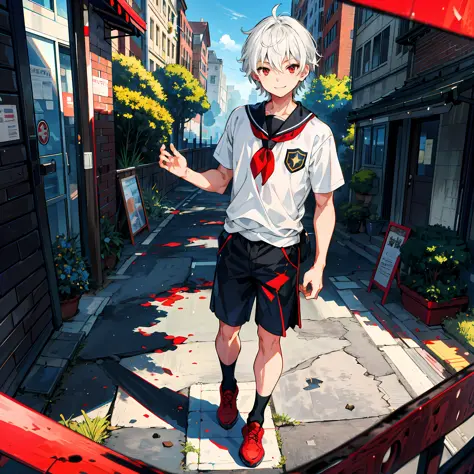 (high-quality, breathtaking),(expressive eyes, perfect face), short, young boy, short white hair, red eyes, smiling, black schoo...