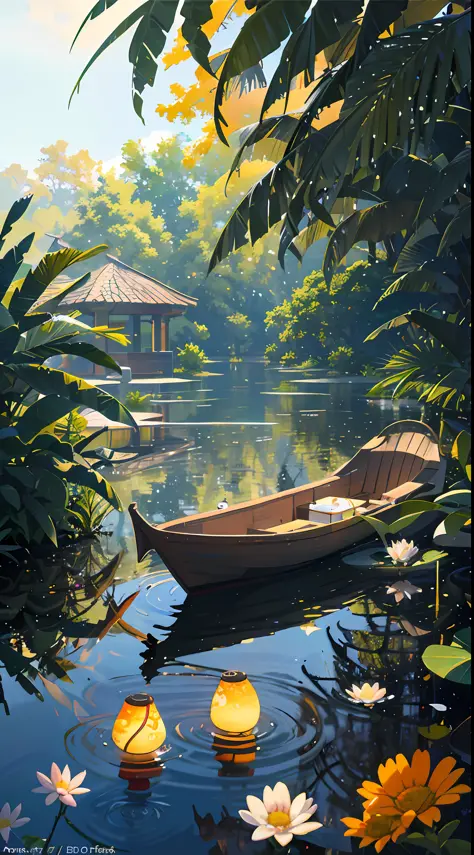 Wallpaper, summer pond, pond, boats, afternoon sun, pond background, depth of field, hot weather, high definition detail, wet watermark, ultra detail, film, surrealism, soft light, deep field focus bokeh, ray tracing, diffuse (ultrafine glass reflections) ...