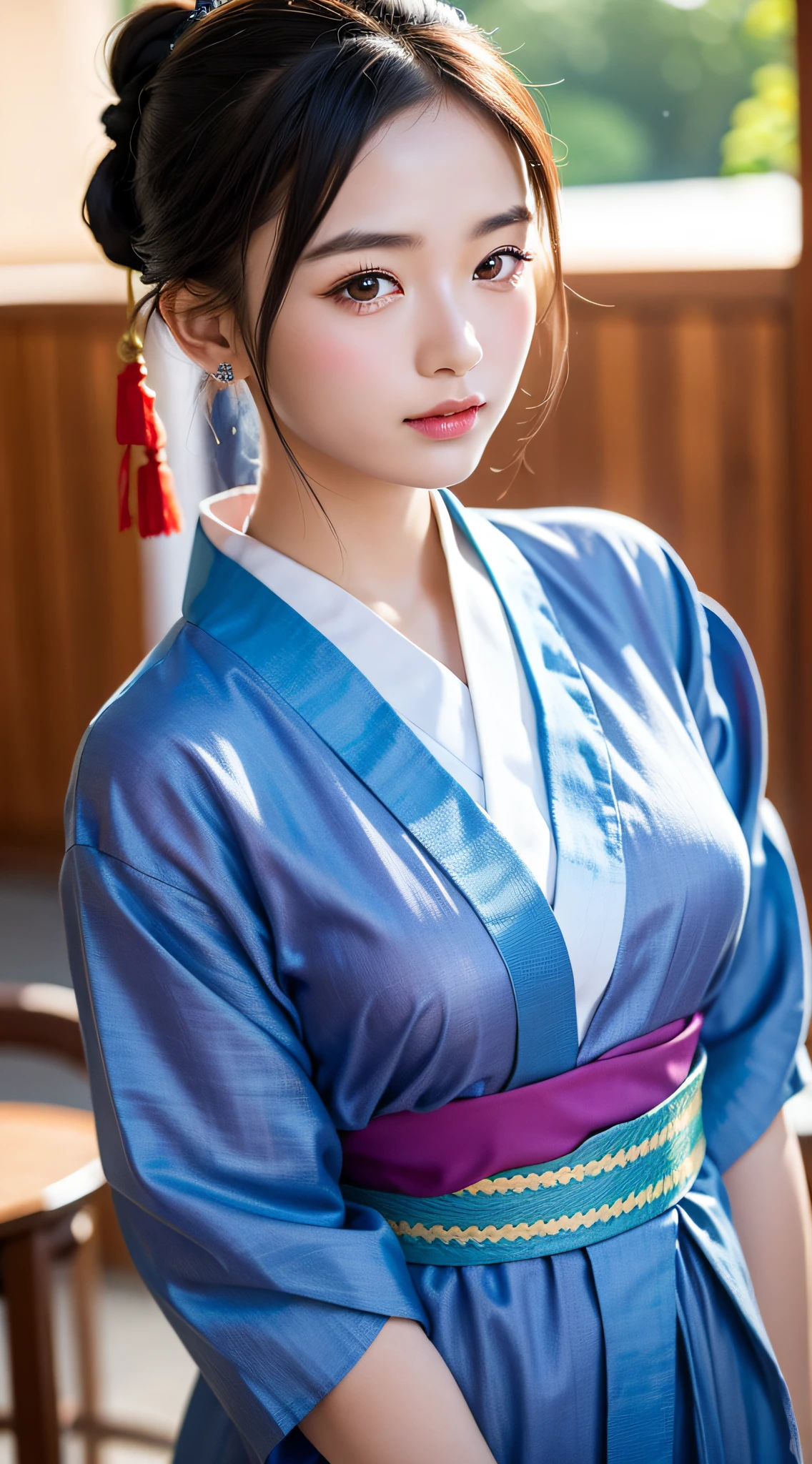 (yinchuan:1.5), close-up, masterpiece, best quality, raw photo, photorealistic, big breasts, beautiful face, soft smile, 20 year old girl, She is wearing a yukata, colorful colored hemp yukata, yukata with flower design, hemp fabric yukata, twilight, hair tied, depth of field, high resolution, ultra detail, fine detail, very detailed, Highly detailed eyes and face, sharp pupils, realistic pupils,