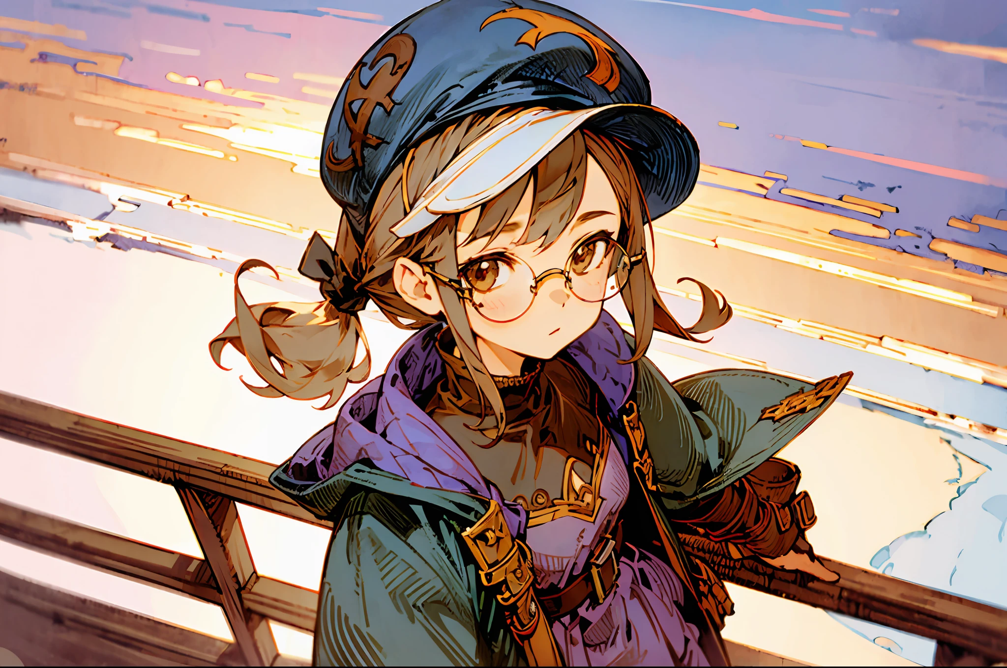 masterpiece, best quality, 1girl, portrait, looking at viewer, from above, rule of thirds, short curly light brown hair, low short ponytail, round glasses, brown eyes, flat chest, black baggy shirt, purple open hoodie, purple cap, denim, casual, pov, gold trim, highres, loli, sidelighting, light particles, anime, horizon, cloudy sky background, leaning against a railing, on an airship deck