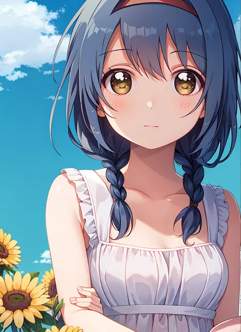 masterpiece, top quality, ultra detail, illustration, 1girl, solo, furutani_himawari, blue hair, brown eyes, hair band, medium h...