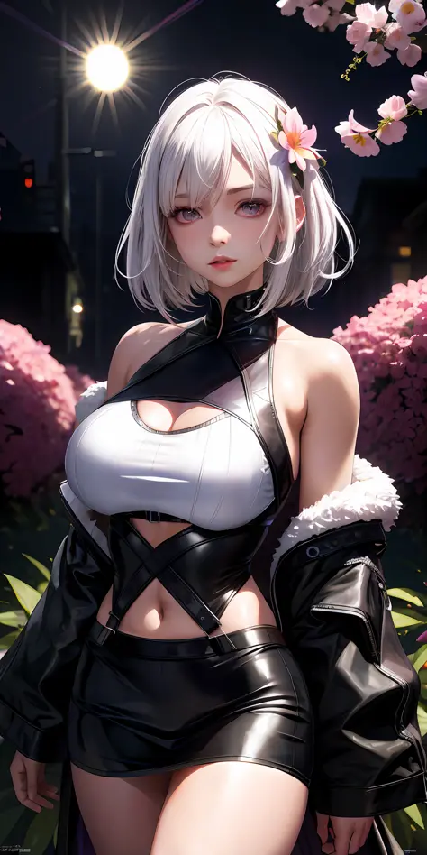 Anime - style image of a woman in a short skirt and a leather jacket, perfect white-haired girl, 2 b, 2b, realistic anime girl r...