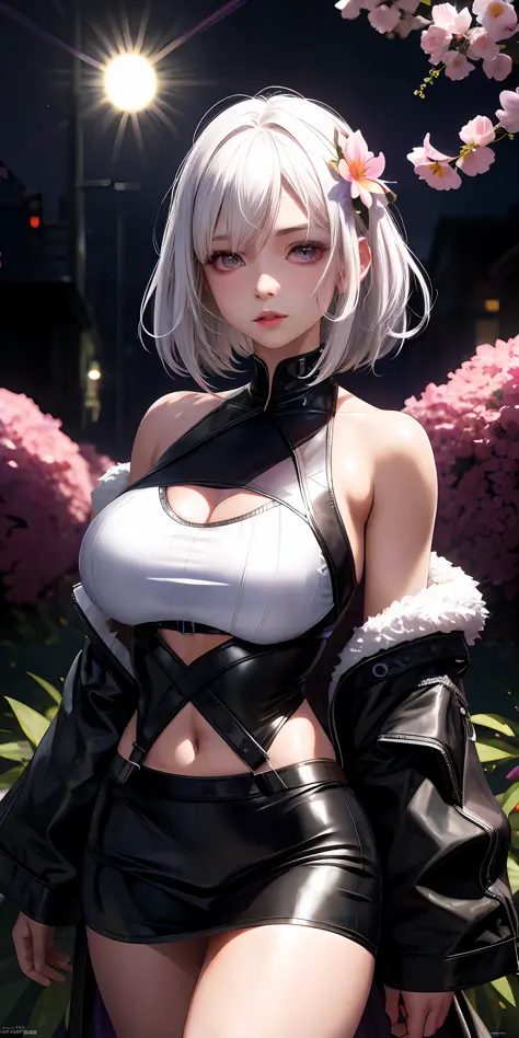 anime - style image of a woman in a short skirt and a leather jacket, perfect white-haired girl, 2 b, 2b, realistic anime girl r...