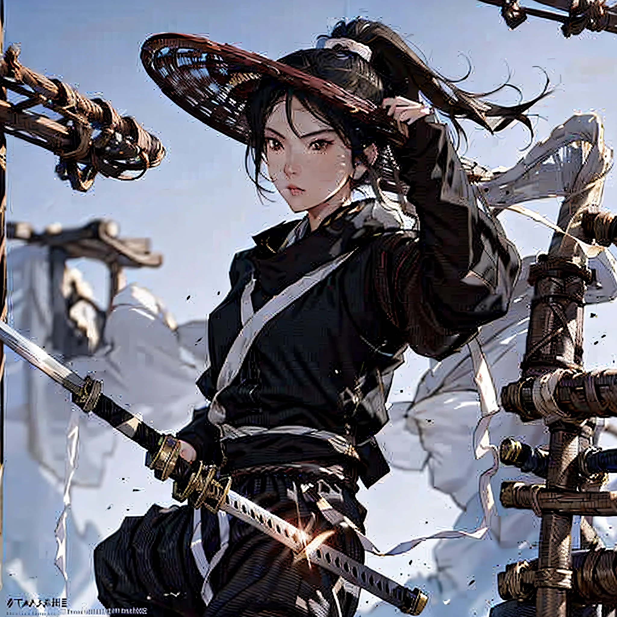 (Fidelity: 1.4), Best Quality, Masterpiece, Ultra High Resolution, Poster, 4K, Fantasy Art, Dynamic Lighting, Art Station, Poster, Volume Lighting, Very Detailed Faces, Clean and Clear Picture, 8k Wallpaper, Award-Winning A Girl Holding a Sword, Katana, Holding a Great Sword, Wearing a Cloak on Her Head, Black Clothes, Dramatic Katana Wielding Pose, (Ultra: 1.4), Ancient Chinese Roof Background, A Red Moon,