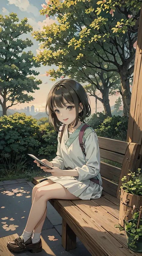 Anime girl sitting alone on a bench