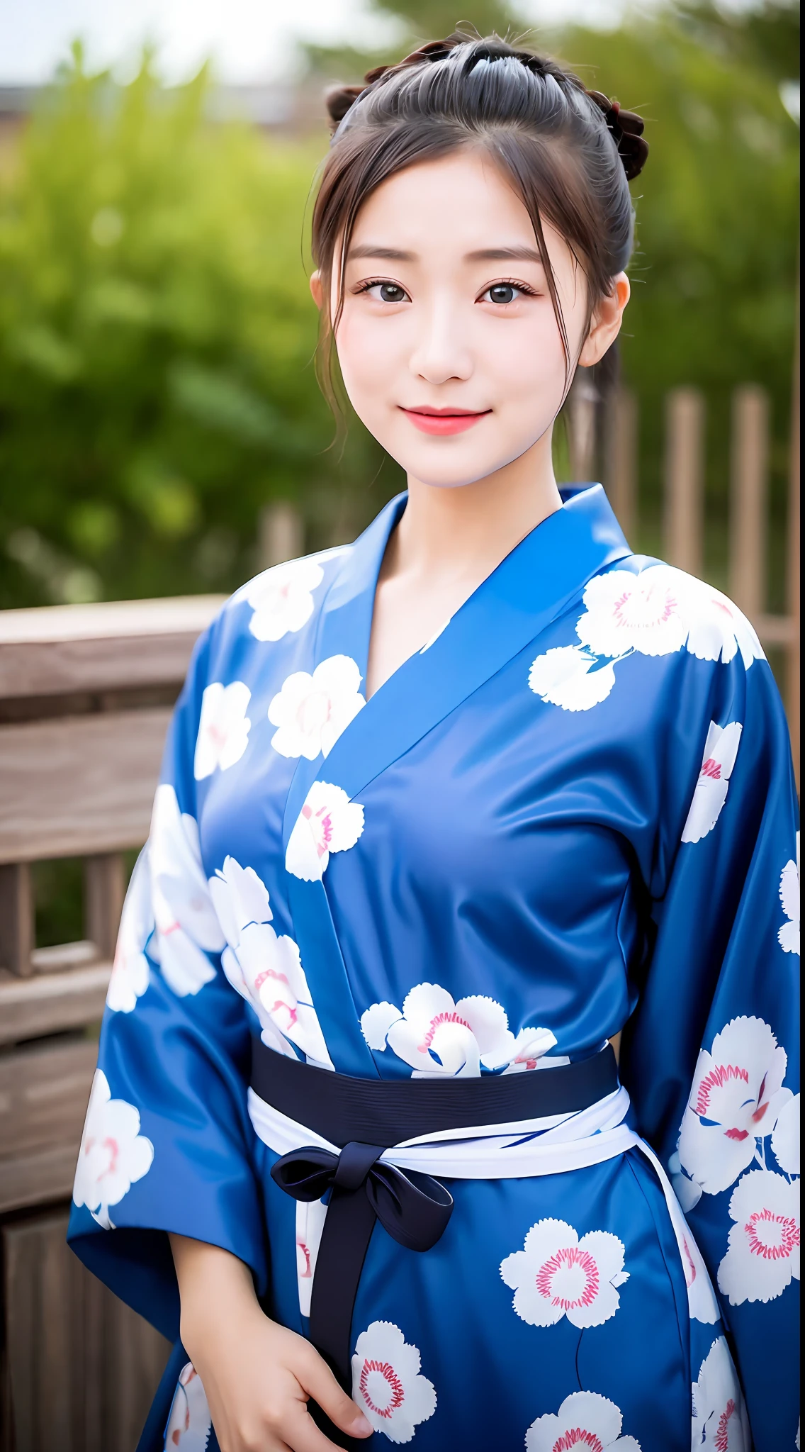 (yinchuan:1.5), close-up, masterpiece, best quality, raw photo, photorealistic, big breasts, beautiful face, soft smile, 20 year old girl, she is wearing a yukata, yukata to wear after bath, dusk, hair tied, depth of field, high resolution, ultra detail, fine detail, highly detailed, highly detailed eyes and face, sharp pupils, realistic pupils,