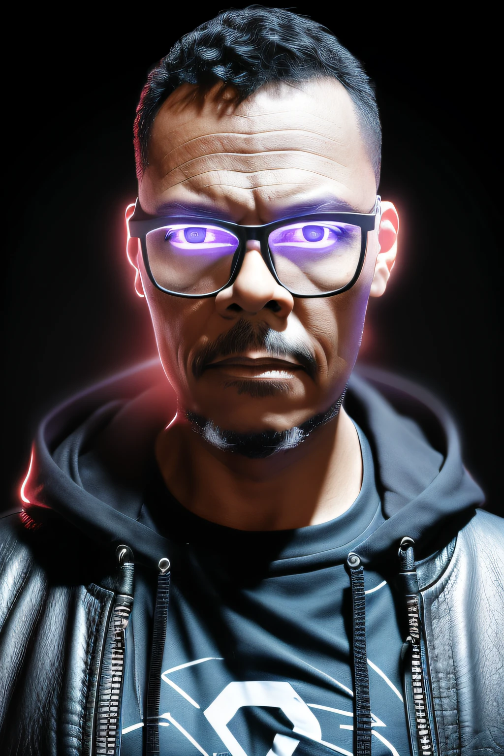 guttonerdvision4, un homme portant des lunettes, peau et visage détaillés, demi-corps, avec des vêtements en cuir à capuche, style cyberpunk, néon, lumières colorées, décor cyberpunk ultra réaliste, Caractère réaliste,