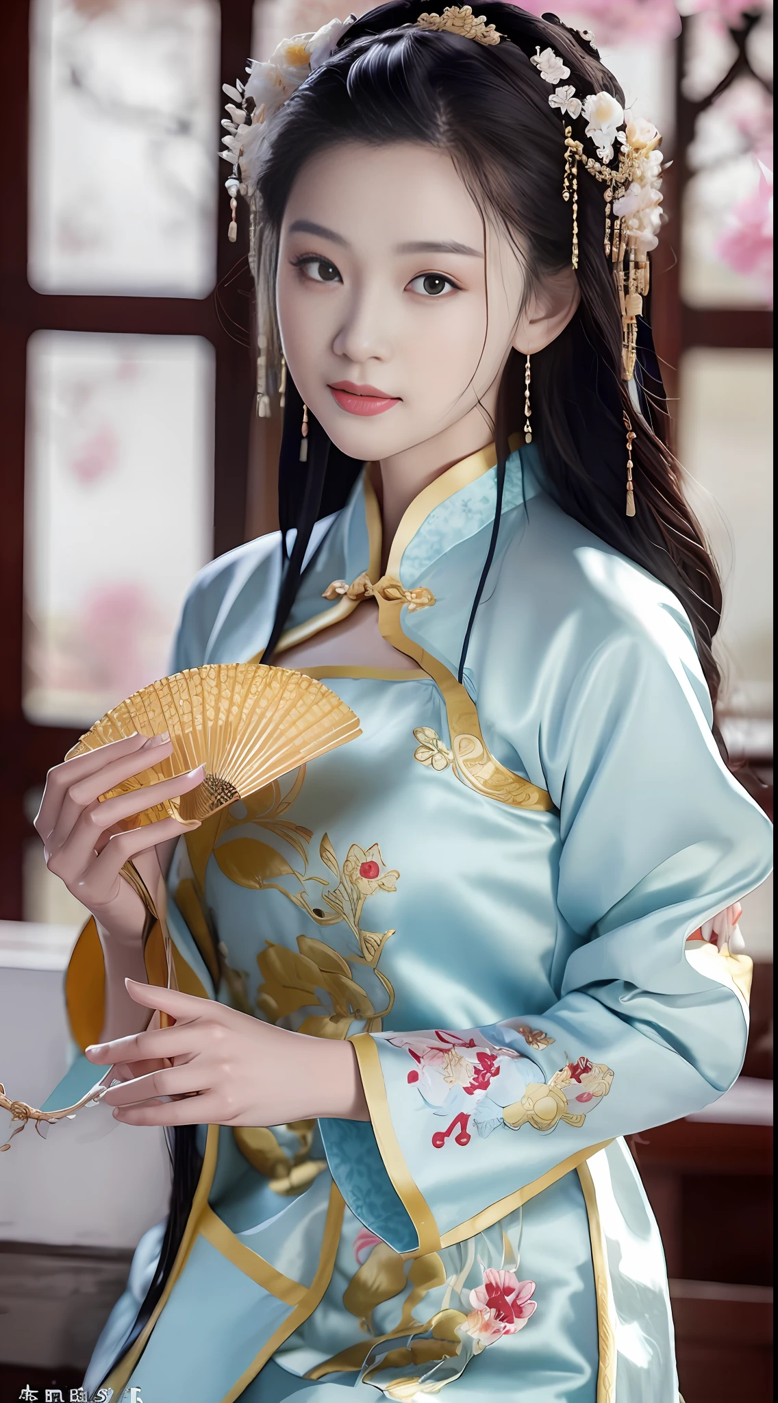 Una hermosa mujer vistiendo un cheongsam bordado., sosteniendo un abanico de tuan (abanico de pu) En su mano, mirándote pensativamente, antiguo y antiguo, todos son hermosos,