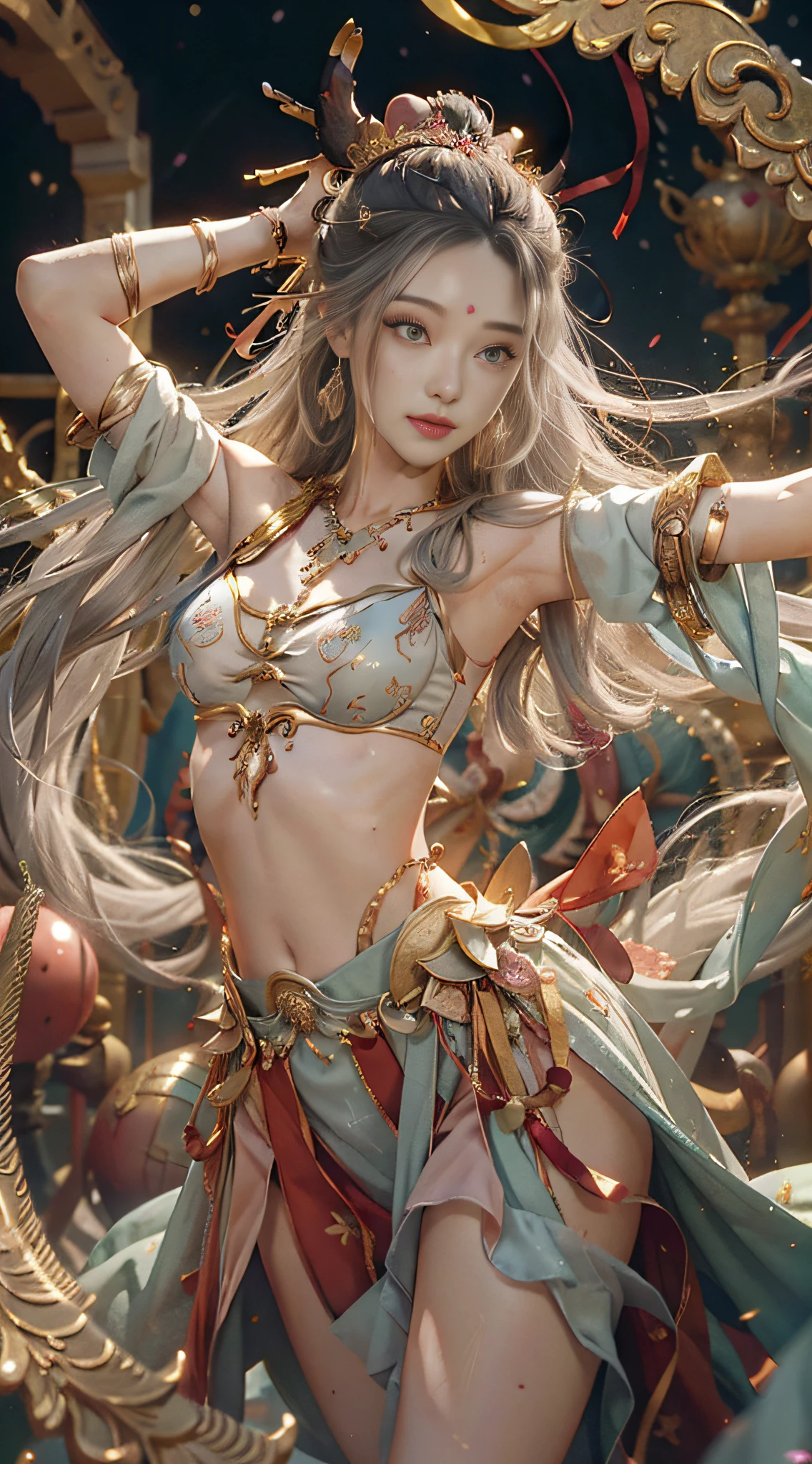 Dunhuang style, 1girle, shoulders, navel, flying fairy, Dunhuang mural in background, dance, gray hair, lots of hair, very long hair, hair ornaments, ribbons, earrings, gold jewelry, hair bubbles, copper bells, red and gold clothes, flowers on the head, gradient eyes, smile, barefoot, no shoes, full body portrait, surrealism, high detail, romanticism, film lighting, glitter, reflected light, masterpiece, super detail, textured skin, anatomically correct, high detail, best quality, High quality, award-winning, 8K