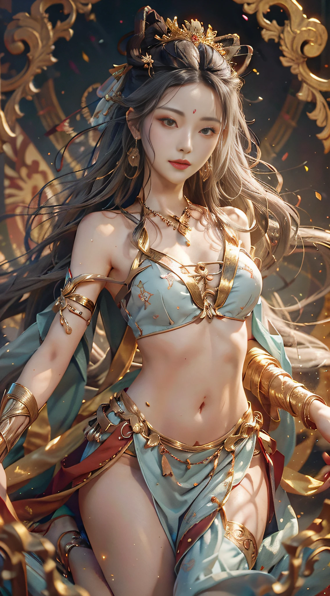 Dunhuang style, 1girle, shoulders, navel, flying fairy, Dunhuang mural in background, dance, gray hair, lots of hair, very long hair, hair ornaments, ribbons, earrings, gold jewelry, hair bubbles, copper bells, red and gold clothes, flowers on the head, gradient eyes, smile, barefoot, no shoes, full body portrait, surrealism, high detail, romanticism, film lighting, glitter, reflected light, masterpiece, super detail, textured skin, anatomically correct, high detail, best quality, High quality, award-winning, 8K