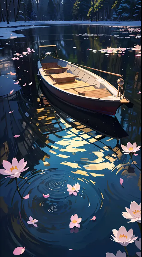 wallpaper, spring pond, pond, boat, petals flying, pond background, depth of field, HD detail, wet watermark, hyperdetail, film, surrealism, soft light, deep field focus bokeh, ray tracing, diffusion (ultra-fine glass reflection) and surrealism. --v6