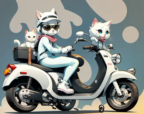 There is a white cat riding a scooter with a hat and sunglasses, welcome, (cat wearing sunglasses, enthusiastic, cute cartoon ch...