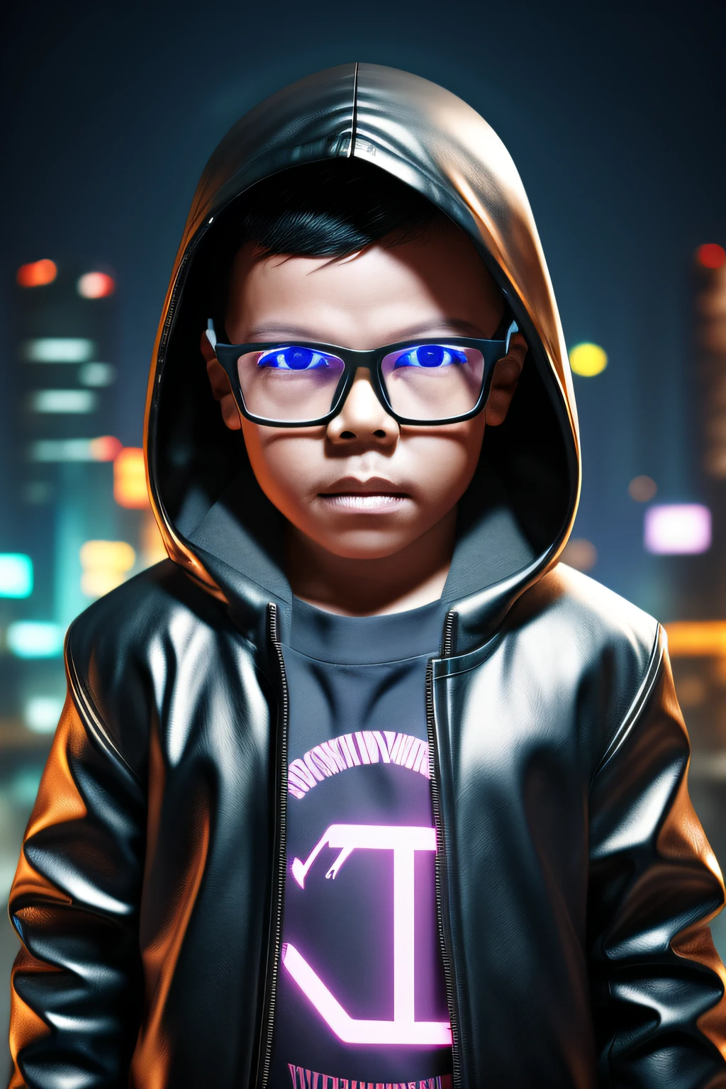 GuttonerdVision4, um menino de 3 anos usando óculos, pele e rosto detalhados, meio corpo, com roupas de couro com capuz, Estilo ciberpunk, néon, luzes coloridas, cenário ultra realista da cidade cyberpunk chuvosa, Personagem realista,