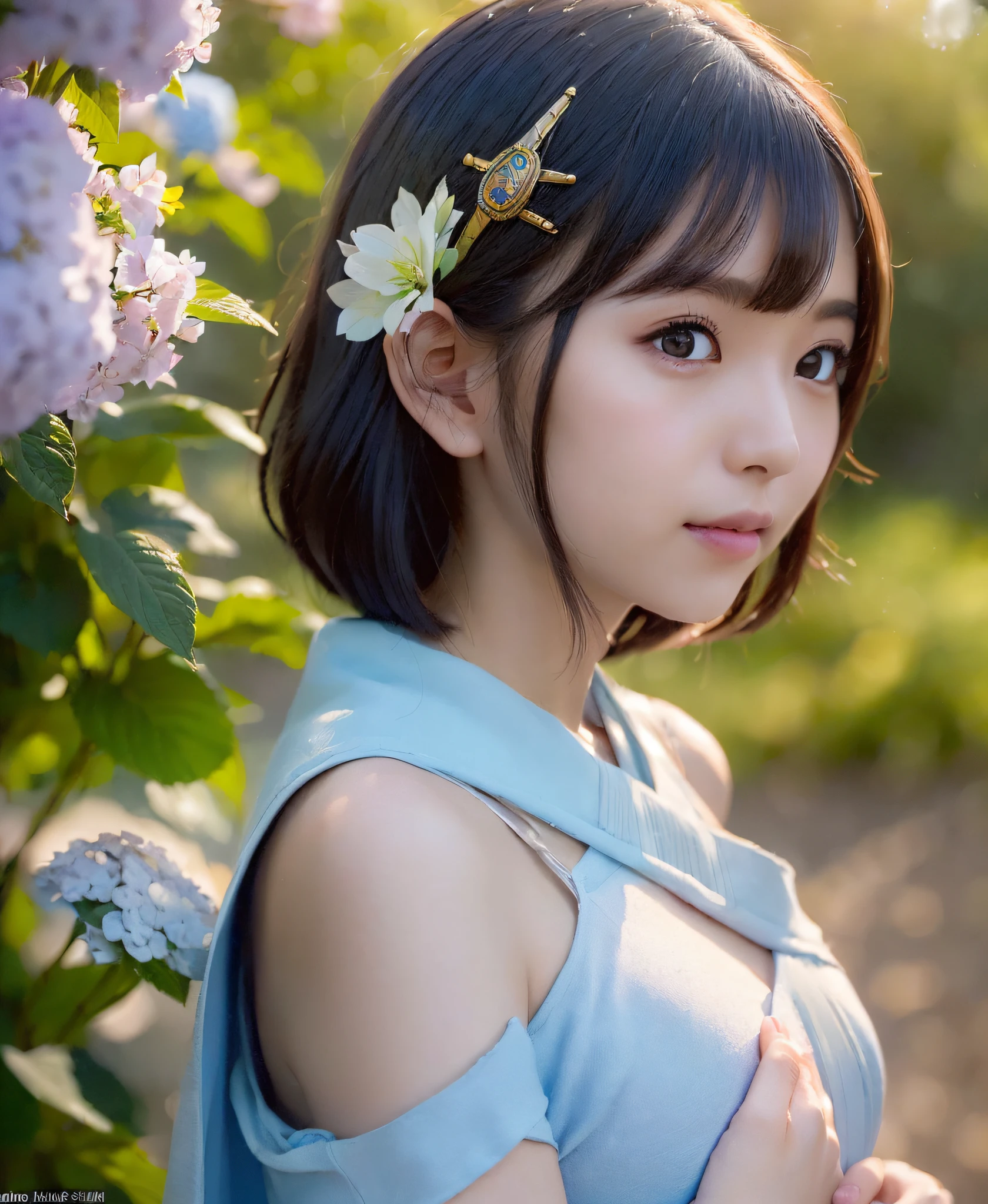 (((Full body photo))), (Single eyelid),(Sunset),(Thin eyeliner),((Light blue eyeliner))),(Lens flare),((Lens flare),(Dressed as a priestess and in the Japan garden))))),(((Super Soft Focus))))), smiling, ( Profile ((looking into the distance)))), (Looking into the distance))), twilight, showering, surrounded by colorful hydrangeas in the background, hydrangeas, ((soft sunset)), (yinchuan:1.5), masterpiece, best quality, raw photo, photorealistic, face, beautiful girl, cute, short hair, (((depth of field)))), high resolution, ultra detail, fine detail, very detailed, cinematic lighting