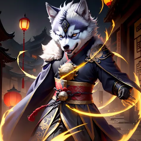A husky, magical, anthropomorphic, boy, angry expression, glowing eyes, like a mask, Hanfu, background of ancient Chinese streets, night. Genshin Impact Impact, Best Quality, High Detail, High Quality, Ultra High Resolution, OC Rendering, 8K