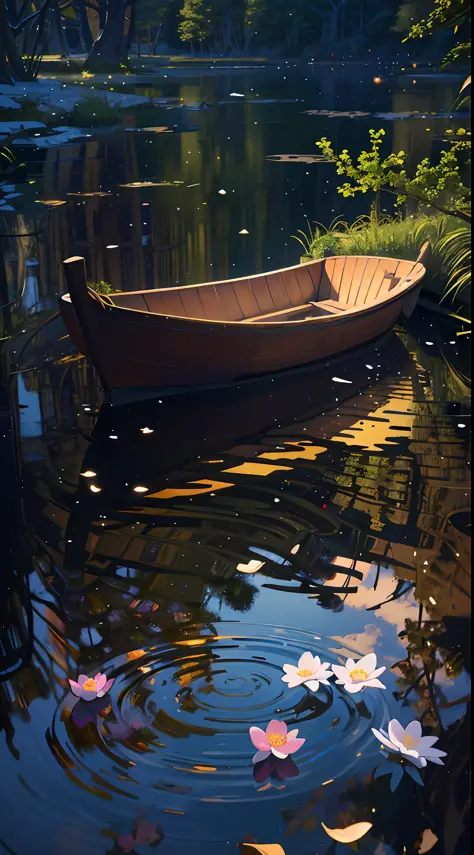 wallpaper, spring pond, pond, boat, row of willows on the shore, pond background, depth of field, hd detail, wet watermark, hyperdetail, film, surrealism, soft light, deep field focus bokeh, ray tracing, diffusion (ultra-fine glass reflection) and surreali...
