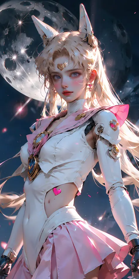 1 mechanical girl: 1.4, Sailor Moon, white mechanical arm, humanoid body, pink sailor suit, good-looking face, sailor Moon, moon hare, rabbit ears, mechanical ears, white blouse, blonde hair, mechanical arm, pink skirt, side, heart-shaped robot in the back...