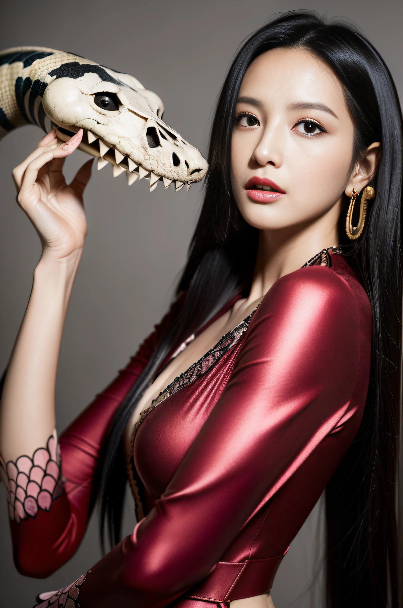 (((masterpiece+best quality+high resolution+ultra-detailed))), boa hancock, long silky black hair, high nose, sharp eyes, noble and inviolable temperament, (([female]: 1.2 + [beauty]: 1.2 + black long hair: 1.2)), snake_skull background, bright eyes, dynamic angle and posture.