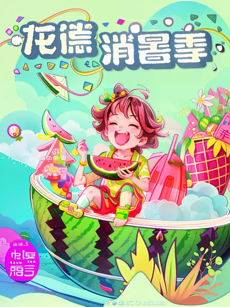 There is a cartoon picture of a boy eating watermelon, hand-drawn cartoon art style, cover illustration, inspired by Luo Ping, 😃😀😄☺🙃😉😗 poster; In summer, the material is !!! Watermelon !!!, inspired by Huang Gongwang, author: Li Song, popular on CGSTATION,...