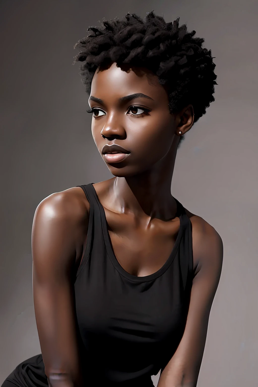 masterpiece, best quality, highly detailed, photorealistic, photo of young tall slender woman, dark skin, upper body, 8k, darkness, accent lighting, 100mm, high contrast, simple background, hands down, ((short:1.5)) curly hair, black tank top, ((shadows:1.2)), sharp focus, centered, looking at the camera, aesthetic