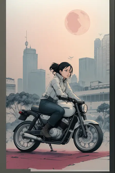 there is a drawing of a woman riding a motorcycle in the city, akira style illustration, frank cho, in style of katsuhiro otomo, inspired by Josan Gonzalez, shohei otomo, inspired by Otomo Katsuhiro, in the style of akira, laurie greasley and james jean, c...