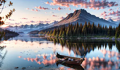 There is a tree in the middle of a calm lake, mountains in the back, sunset scenery, a rock in the foreground, a boat on the sid...