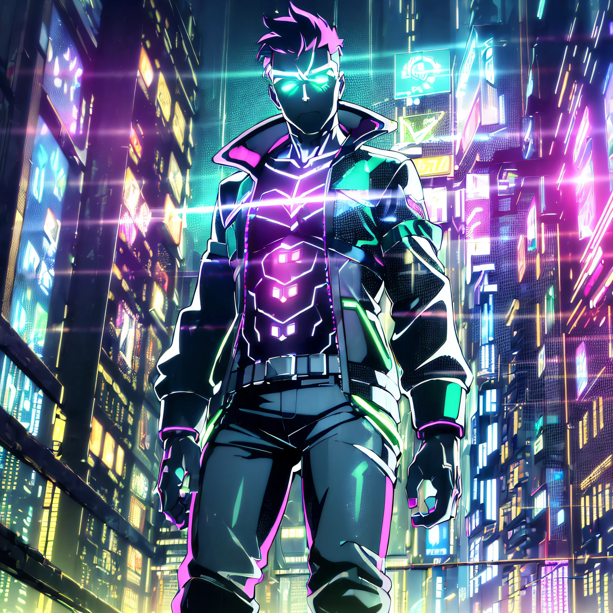 (masterpiece, detailed, highres:1.4), cyberpunk, cyberpunk 2077, neon cyberpunk night city background, metallic cybernetic silver hand in the foreground in frame, green-blue glitch effect around the hand, purple-pink neon glow