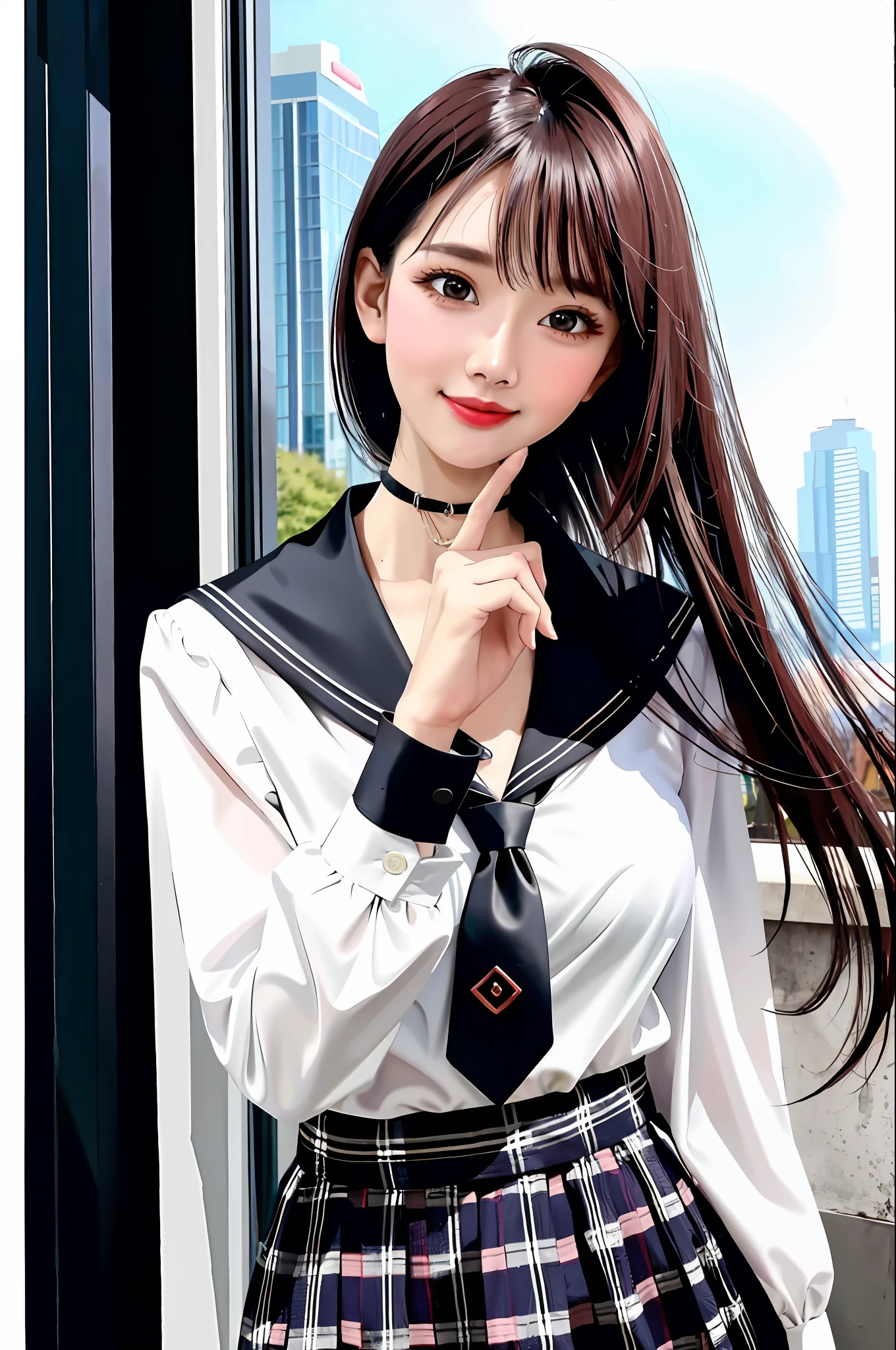 masterpiece, best quality, full body, 1girl, bangs, black choker, black necktie, black hair, blue skirt, blush, bracelet, breasts, choker, clothes around waist, collarbone, collared shirt, cowboy shot, dress shirt, ear piercing, eyebrows visible through hair, gradient hair, grin, gyaru, jewelry, kogal, long hair, looking at viewer, loose necktie, necktie, piercing, plaid, plaid skirt, pleated skirt, red eyes, ring, school uniform, shirt, skirt, smile, solo, white shirt, street, sky, cherry blossoms, petals,illustration, (magazine:1.3), (cover-style:1.3), fashionable, woman, vibrant, outfit, posing, front, colorful, dynamic, background, elements, confident, expression, holding, statement, accessory, majestic, coiled, around, touch, scene, text, cover, bold, attention-grabbing, title, stylish, font, catchy, headline, larger, striking, modern, trendy, focus, fashion,