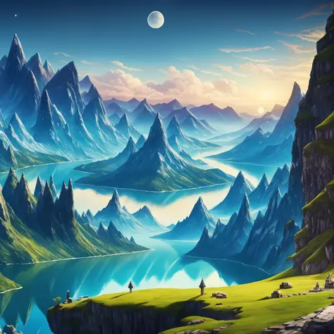mountains and a lake with a moon in the sky, 4k highly detailed digital art, 4 k hd wallpaper very detailed, impressive fantasy landscape, sci-fi fantasy desktop wallpaper, unreal engine 4k wallpaper, 4k detailed digital art, sci-fi fantasy wallpaper, epic...